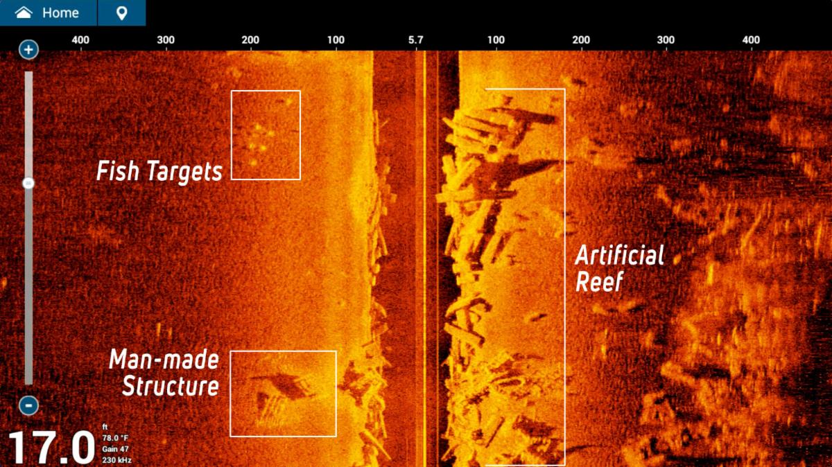 CHIRP side scan sonar showing fish targets, man-made structure, and artificial reef