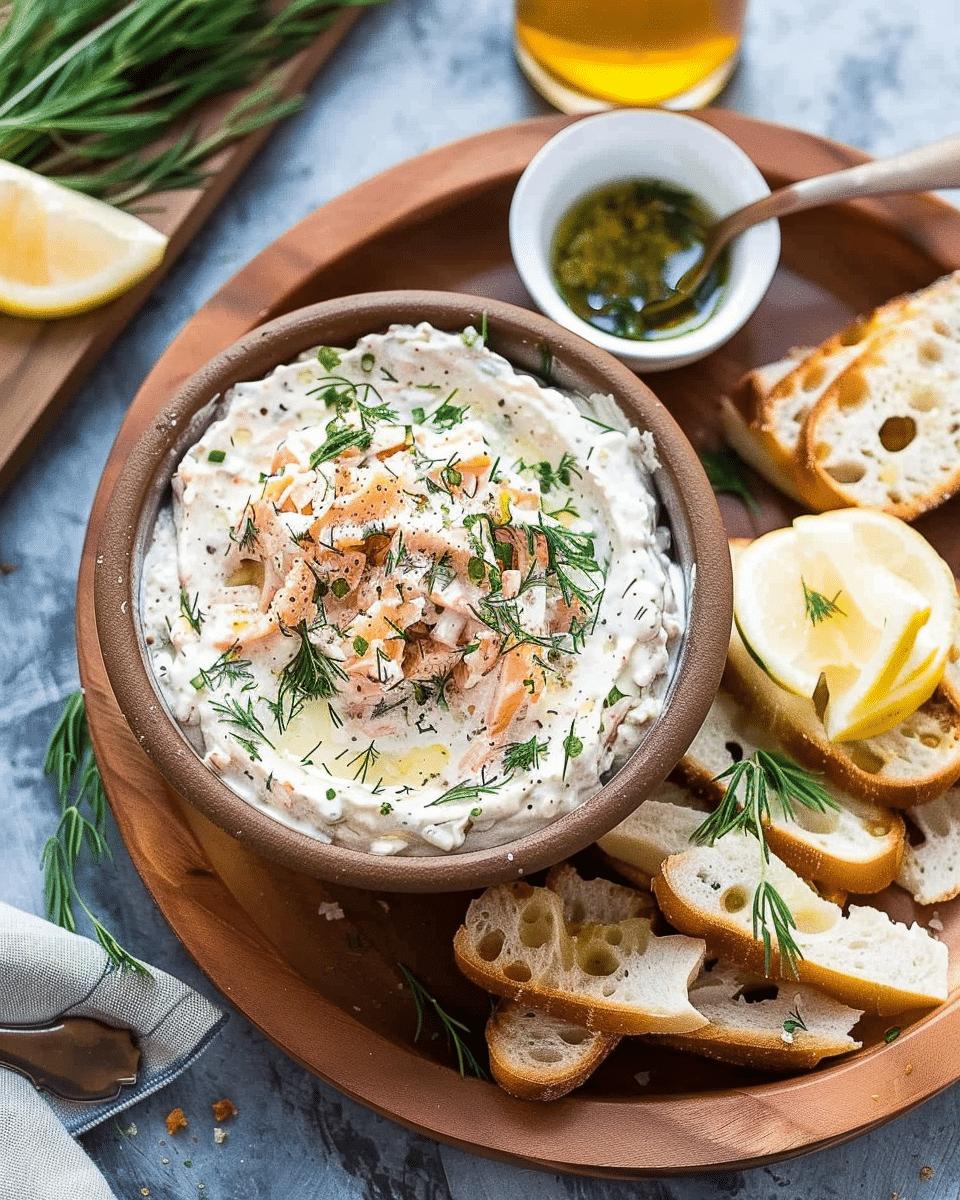Smoked brook trout dip in a bowl with lemon wedges, capers, and toasted bread