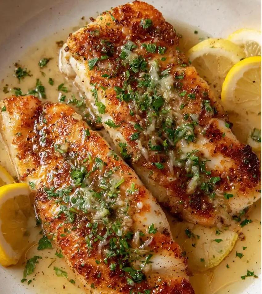 Crispy pan-fried walleye fillets with lemon butter sauce and parsley in a skillet
