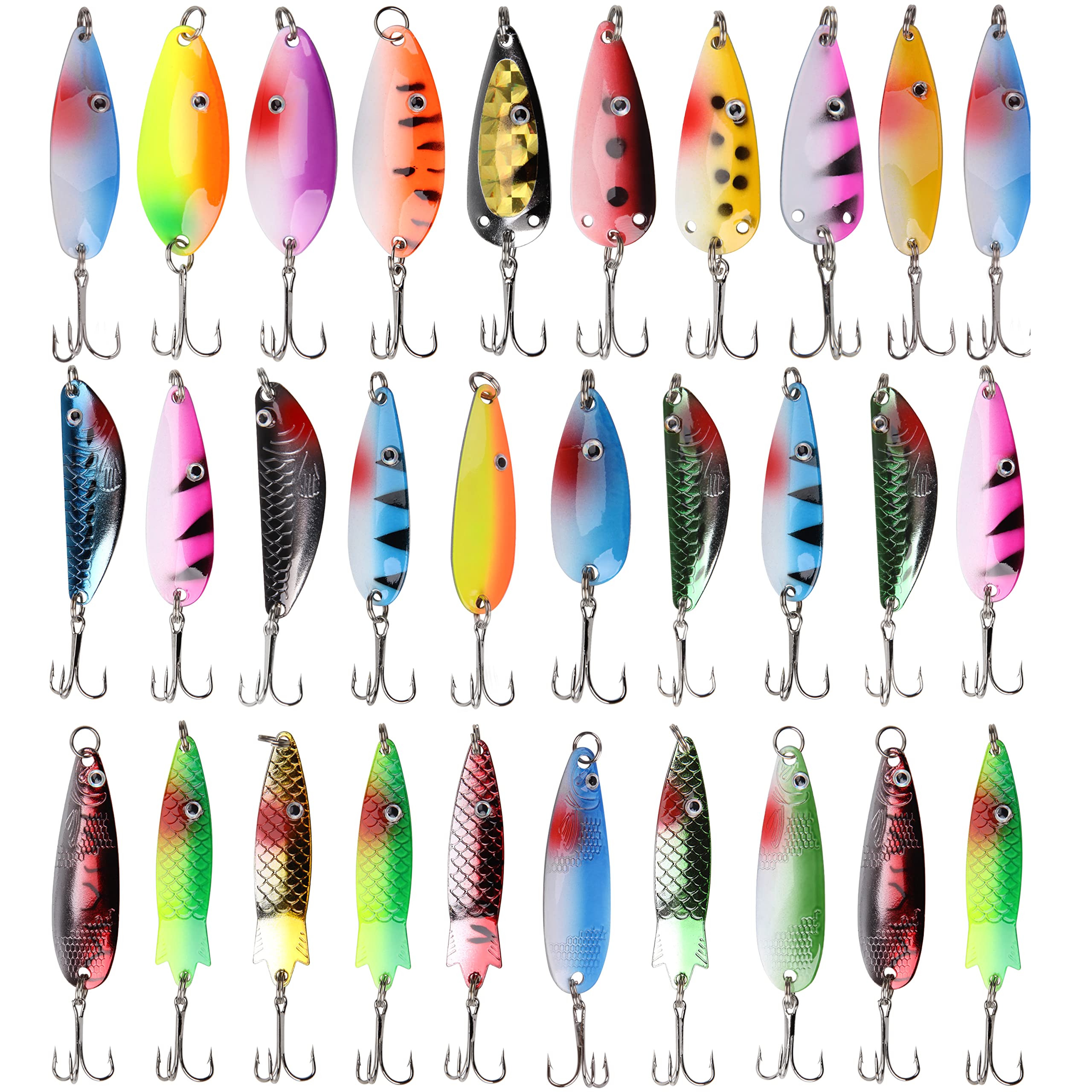 Assortment of fishing spoons including Dardevle and other wobbling spoon lures